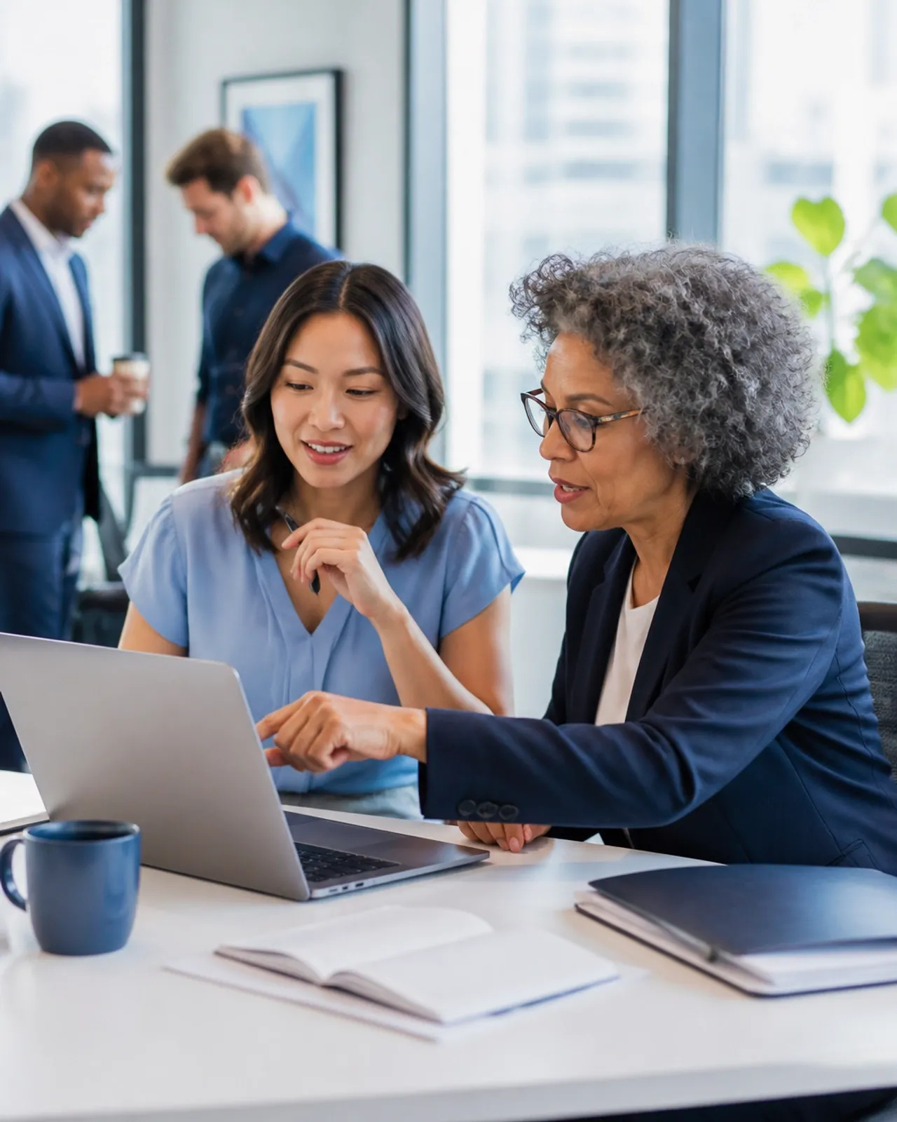 An experienced advisor mentoring a younger colleague
